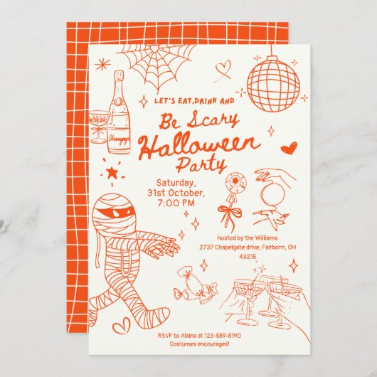 Whimsical Hand Drawn Doodle Halloween Party Kaart (Voorkant / Achterkant)