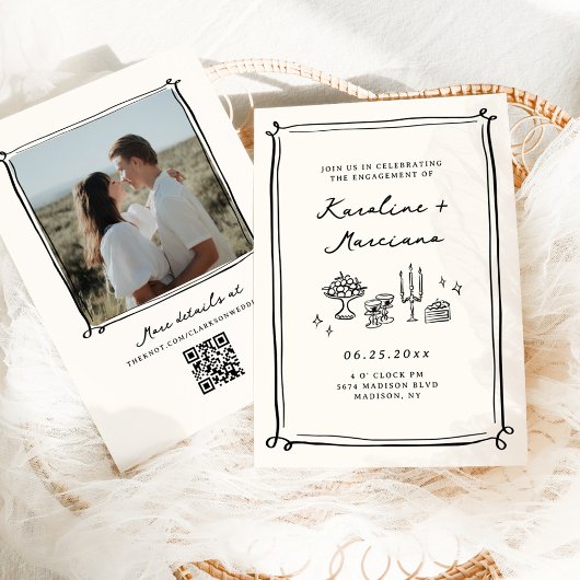 Whimsical Hand Drawn Doodles Engagement Party Kaart