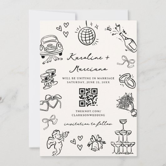 Whimsical Hand Drawn Doodles Sla de datum QR-code  Kaart (Achterkant)