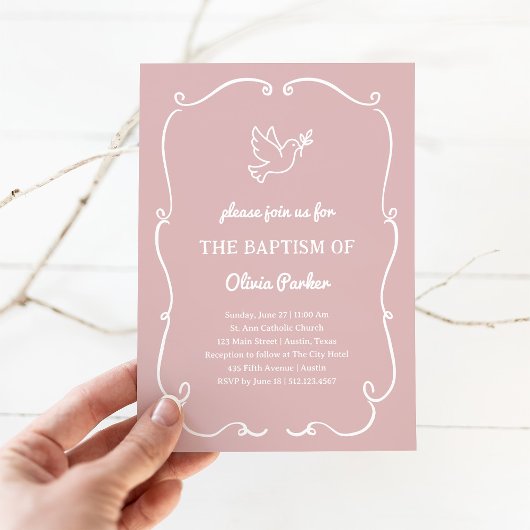 Whimsical Hand-Drawn Dove Pink | Baptism Kaart