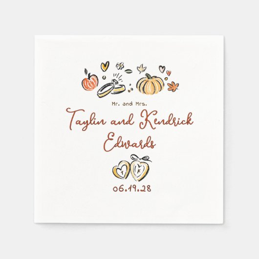 Whimsical Hand Drawn Fall Love Wedding Napkins Servet (Voorkant)