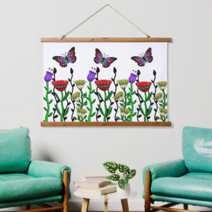 Whimsical Hand Drawn Flowers and Butterflies Hangend Wandkleed