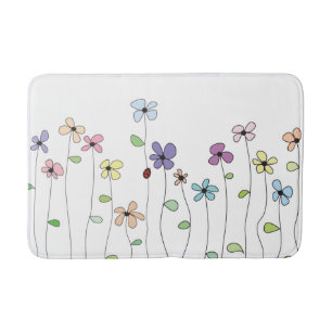 Whimsical Hand Drawn Flowers & Ladybug Bath Mat