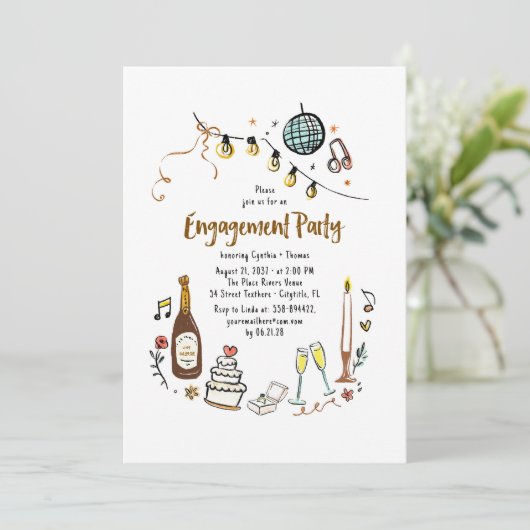 Whimsical Hand Drawn Funky Engagement Party Kaart (Staand voorkant)