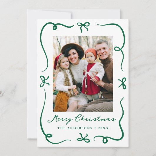 Whimsical Hand-Drawn Green Bows 2 Foto Kerstmis Feestdagenkaart (Voorkant)