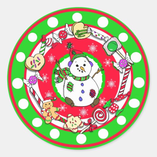 Whimsical Hand Drawn Kerstmis Snowman Ronde Sticker (Voorkant)