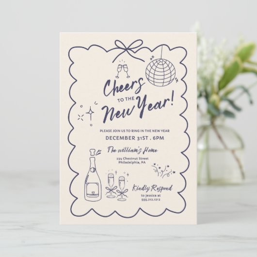 Whimsical Hand Drawn New Year Party Invitation Kaart (Staand voorkant)