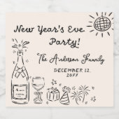 Whimsical Hand Drawn New Year's Eve Party Sparkling Wijnetiket (Enkel label)