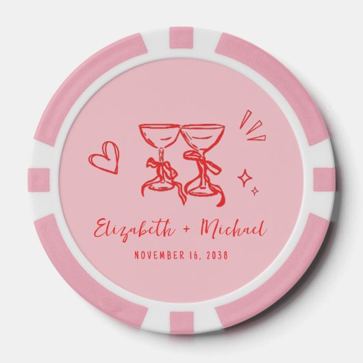 Whimsical Hand Drawn Pink Red Wedding Poker Chips (Voorkant)