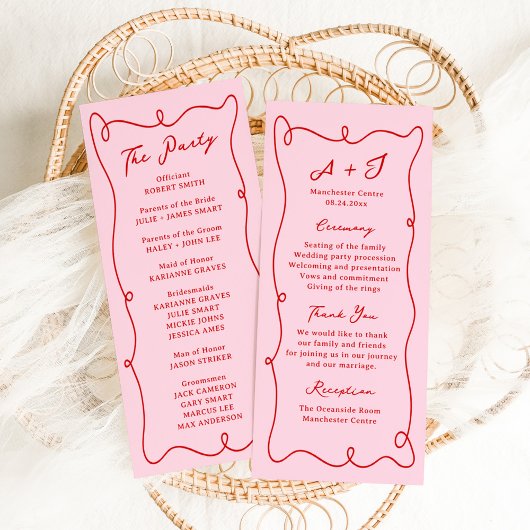 Whimsical Hand Drawn Pink & Red Wedding Programme