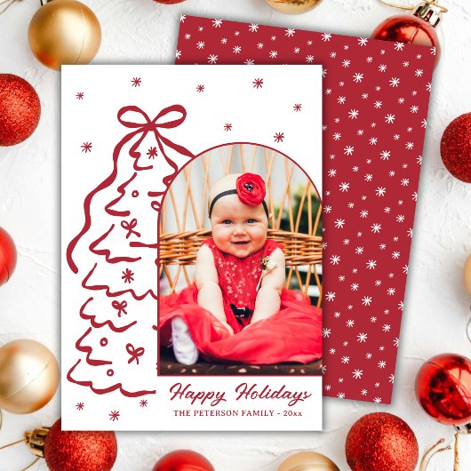 Whimsical Hand-Drawn Red Christmas Tree Arch Photo Feestdagenkaart