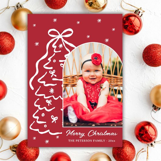 Whimsical Hand-Drawn Red Christmas Tree Arch Photo Feestdagenkaart