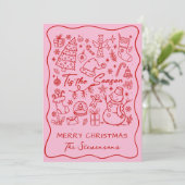 Whimsical Hand Drawn Red Pink Fun Photo Christmas Feestdagenkaart (Staand voorkant)