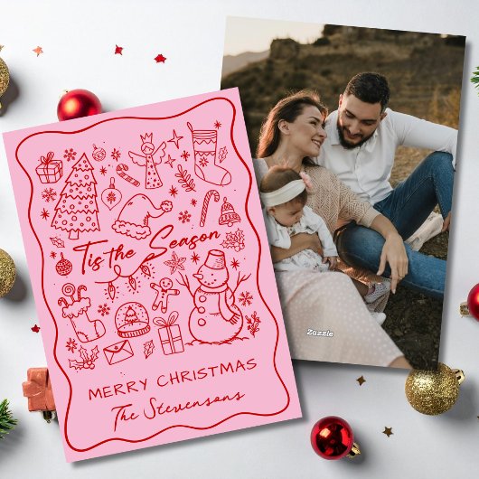 Whimsical Hand Drawn Red Pink Fun Photo Christmas Feestdagenkaart