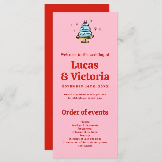 Whimsical Hand Drawn Red & Pink Wedding Programme (Devant / Derrière)