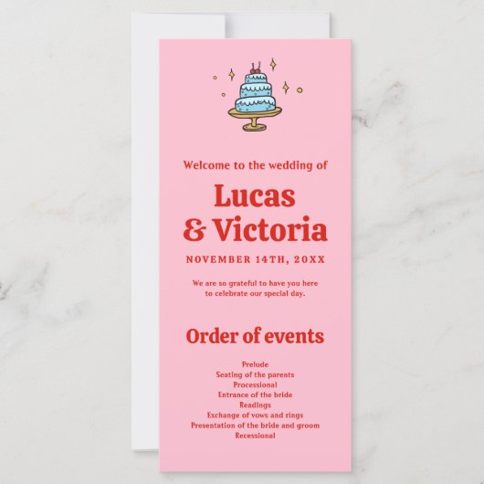 Whimsical Hand Drawn Red & Pink Wedding Programme (Devant)