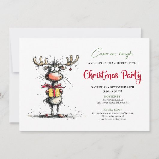 Whimsical hand drawn reindeer party invitation (Devant)