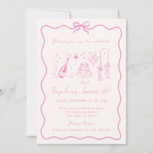 Whimsical Hand Drawn Roze Verjaardagsfeest Kaart (Voorkant)