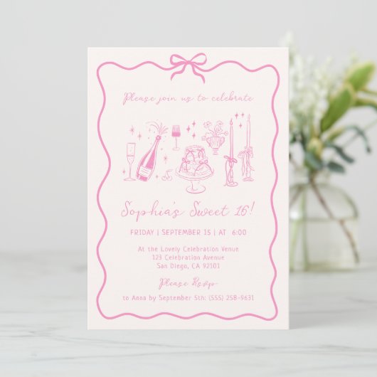 Whimsical Hand Drawn Roze Verjaardagsfeest Kaart (Staand voorkant)