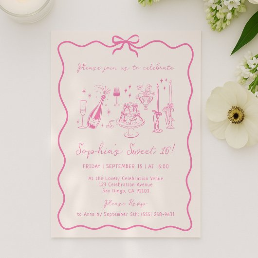 Whimsical Hand Drawn Roze Verjaardagsfeest Kaart