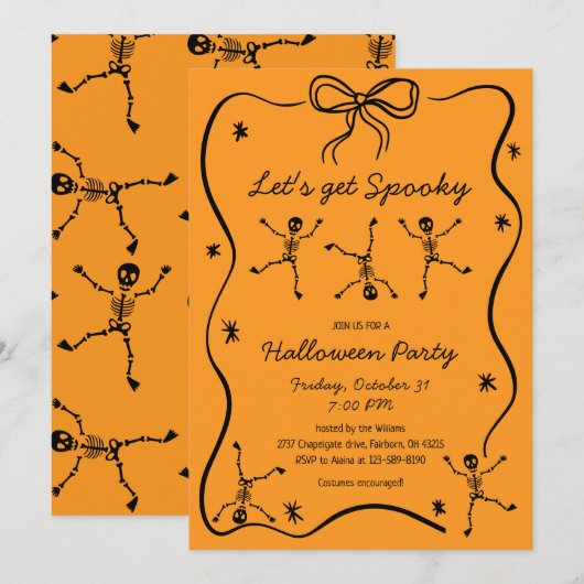 Whimsical Hand Drawn Skeleton Bow Lijst Halloween Kaart (Voorkant / Achterkant)
