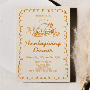 Whimsical Hand Drawn Turkije Thanksgiving Diner Kaart