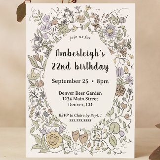 Whimsical Hand Drawn Waterverf Bloemen Bday Party Kaart