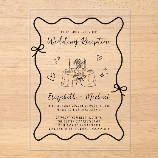 Whimsical Hand Drawn Wavy Lijst bruiloft receptie Acryl Uitnodigingen (Voorkant)