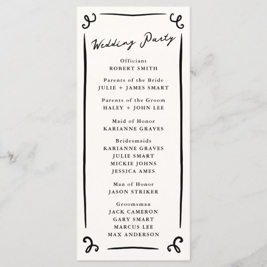 Whimsical Hand Drawn Wedding Programme + Fête (Dos)