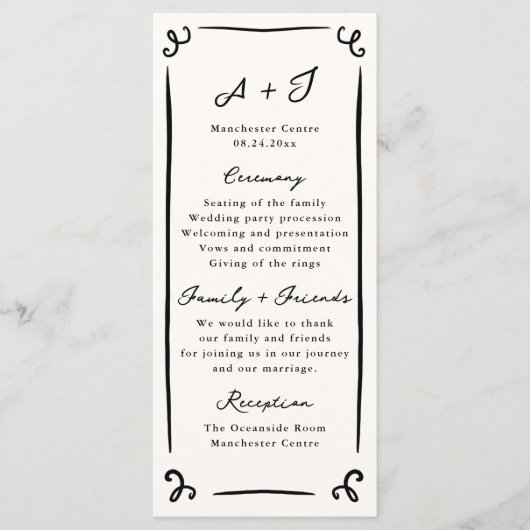 Whimsical Hand Drawn Wedding Programme + Fête (Devant)