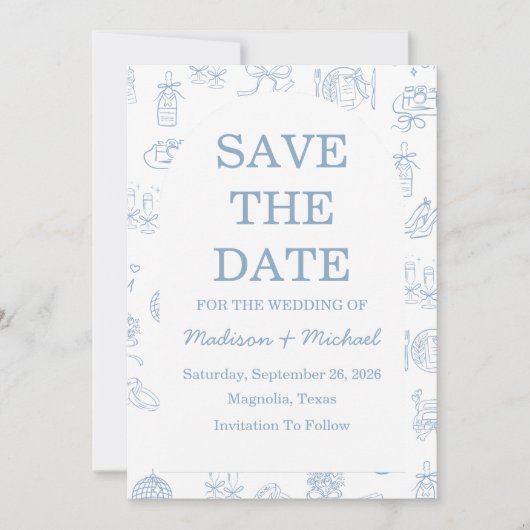 Whimsical Hand getekend blauw geïllustreerde bruil Save The Date (Voorkant)