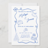 Whimsical Hand getekend Blauw Quirky bruiloft Kaart (Voorkant)