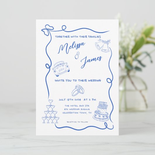 Whimsical Hand getekend Blauw Quirky bruiloft Kaart (Staand voorkant)