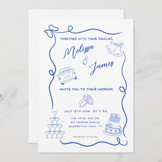 Whimsical Hand getekend Blauw Quirky bruiloft Kaart (Voorkant / Achterkant)