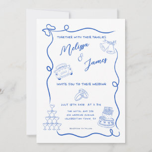 Whimsical Hand getekend Blauw Quirky bruiloft Kaart