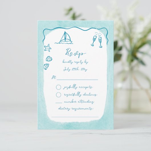 Whimsical Hand getekend Blue Beach Theme RSVP Kaartje (Staand voorkant)
