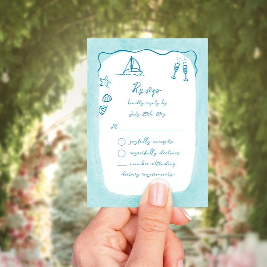 Whimsical Hand getekend Blue Beach Theme RSVP Kaartje