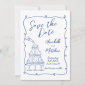 Whimsical Hand getekend Foto Blauwe bruiloft Save The Date (Voorkant)