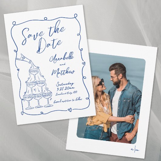Whimsical Hand getekend Foto Blauwe bruiloft Save The Date