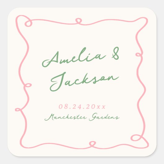 Whimsical Hand getekend Groen & Roze bruiloft Vierkante Sticker (Voorkant)