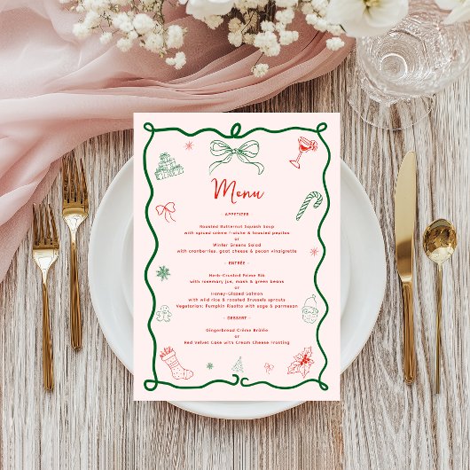 Whimsical Hand getekend Leuk Frans kerstdiner Menu