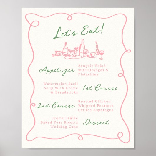 Whimsical Hand getekend Roze & Groen Menu Poster (Voorkant)