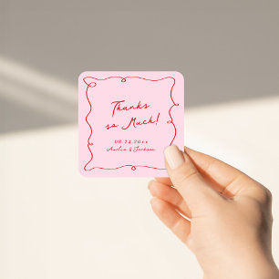 Whimsical Hand getekend Roze & Rode bruiloft Dank Vierkante Sticker