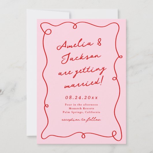 Whimsical Hand getekend Roze & Rode bruiloft + Det Kaart (Voorkant)