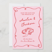 Whimsical Hand getekend Roze & Rode bruiloft + Det Save The Date (Voorkant)