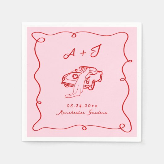 Whimsical Hand getekend Roze & Rode bruiloft Servet (Voorkant)