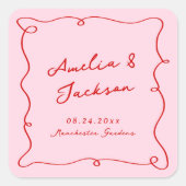 Whimsical Hand getekend Roze & Rode bruiloft Vierkante Sticker (Voorkant)