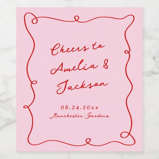 Whimsical Hand getekend Roze & Rode bruiloft Wijn Etiket (Enkel label)