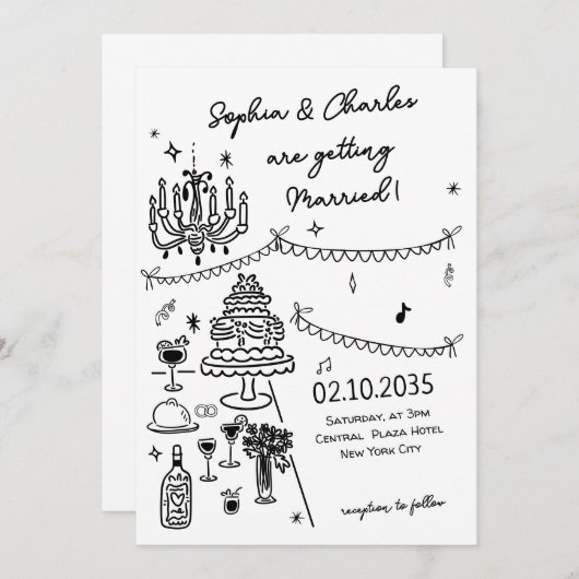 Whimsical Hand getekend zwart-wit bruiloft Kaart (Voorkant / Achterkant)