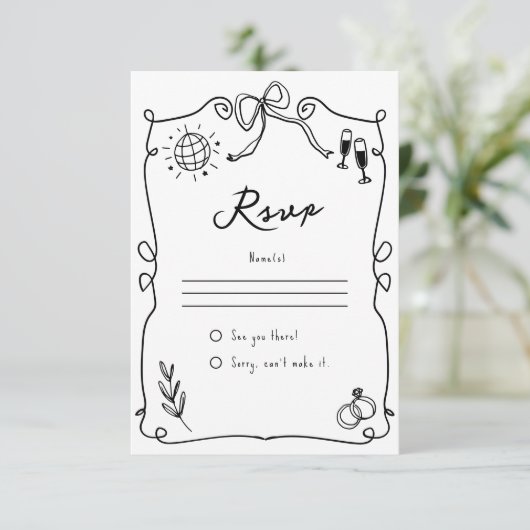 Whimsical Hand getekend zwart-wit bruiloft RSVP Kaartje (Staand voorkant)